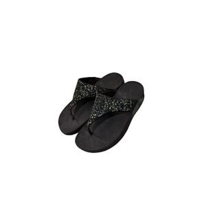 FitFlop Lulu Womens Glitter Sparkle Black Leather Thong Wedge Sandals Size 9